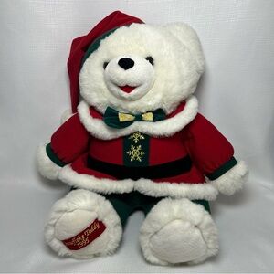 Vintage 1995 Snowflake Teddy Plush Red Top Green Pants Bow Tie Christmas Hat 20”